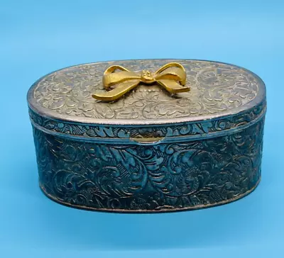 Vintage Oval Embossed Silverplate Metal Jewelry Casket Trinket Box W Gold Bow • $12.99