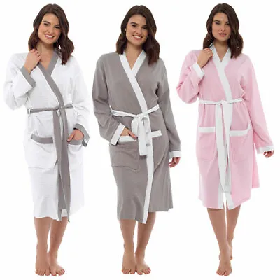 Ladies 100%  Cotton Foxbury Contrast Trim Waffle Robe  S M L  • £19.99