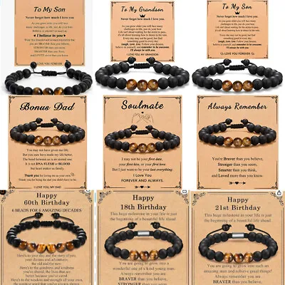 Nature Stone Tiger Eye Beaded Bracelet With Gift Card For Men Son Father • £3.89