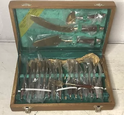 Vintage MCM Wood Handle Gold Tone 19pc Flatware Set Bangkok Wood Case NOS • $44.95