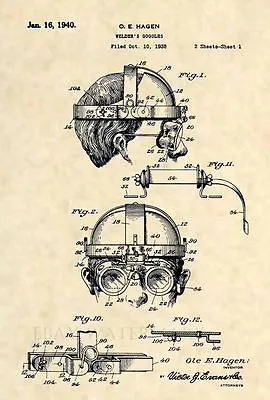 Official Welder Goggles US Patent Art Print- Vintage Steampunk Welding Mask -411 • $12.77