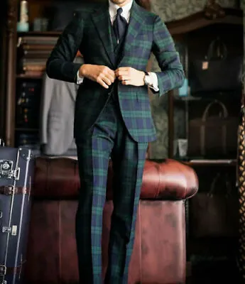Green Plaid Men's Suit Vintage Retro Notch Lapel Prom Groom Tuxedo Wedding Suit • $89.10