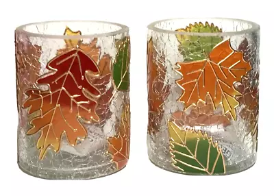 $26.99 • Buy Yankee Candle 2 FALL LEAVES Crackle Glass Votive / Tea Light Holders  FREE SHIP