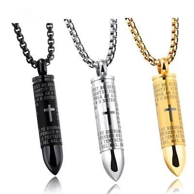 Men Stainless Steel Lords Prayer Bible Bullet Pendant Necklace Silver Gold Black • $8.99