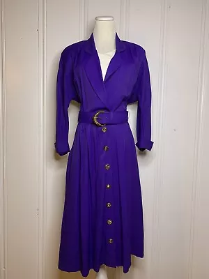 Vintage Dress Size 12 Purple 80s 90s Shoulder Pass Gold Button Belted USA Made • $34.99