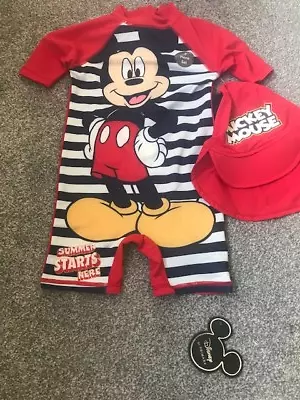 Baby Unisex Disney Sunsuit & Hat Swimwear Sun Protection Set Size 6-36 Months • £18.99