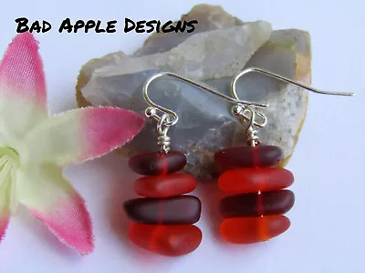 Orange & Red Sea Glass Pebble Earrings Silver Plated USA HANDMADE • $13.49