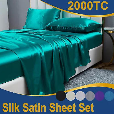 Silk Satin Fitted Sheet Set 2000TC Bed Pillowcases Single/Double/Queen/King Size • $26.34