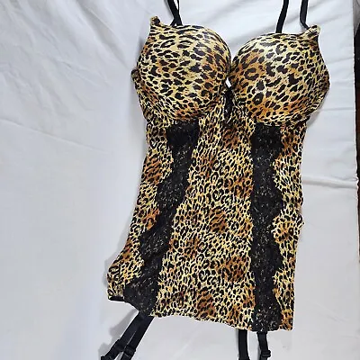 Victoria's Secret 34D Bombshell Garter Slip Merrywidow Gold Leopard Satin • $74.99