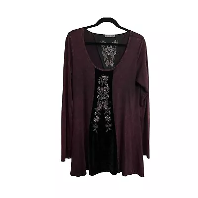 T Party Maroon Acid Wash Flor Embroidered Long Sleeve Tunic Dress Womens Size L • $18.89