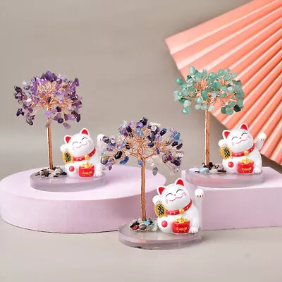 Solar Energy Shake Hands Lucky Cat Base Fate Tree Natural Crystal Decoration • $35.60