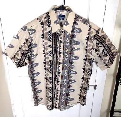 Vintage 90s Wrangler Western S/S Pearl Snap Aztec Beige Print Navajo XL Cowboy • $35