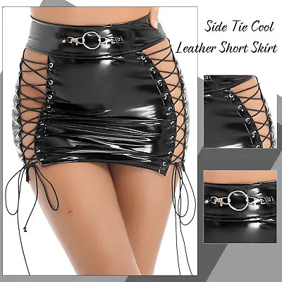 Women Wet Look Bodycon Pencil Lace-up Skirts High Waist Elastic Latex Mini Skirt • $14.71