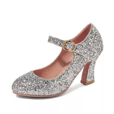 Lady Round Toe Block High Heel Glitter Sequin Mary Jane Shoes Heels Party Pumps • $58.99