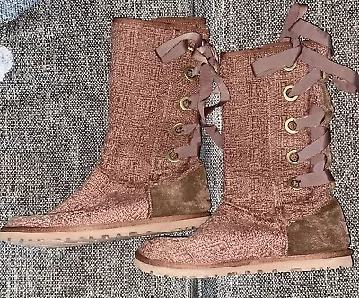 Ugg Brown Knit Winter Boots 1000693 Back Lace Up Sheepskin HEIRLOOM Size 7 • $69.99