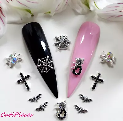 3D Nail Art Silver Black Rhinestone Cat Bat Spider Cross Webs Alloy Metal HW11  • $4.91