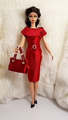 Outfit Dress Bag Fits Barbie Silkstone Vintage FR Doll Handmade Dark Red Silk • $68.37