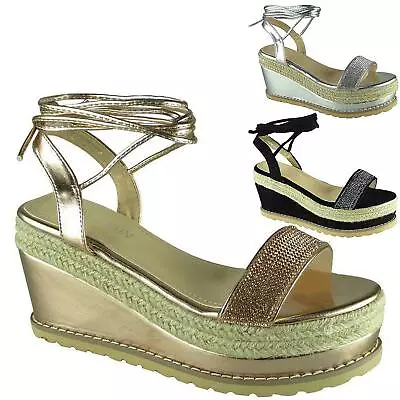 £11.99 • Buy Ladies Womens Espadrilles Platform Lace Up Diamante Wedge Summer Sandals Shoes