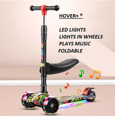 Kids 3 In 1 Wheel Scooter With Seat LED Wheels & Flashing Lights And Plays Music • £29.99