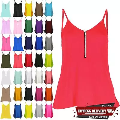 Womens Ladies Front Zip Cami Strappy Flared Swing Tank T Shirt Vest Dress Top • £2.99