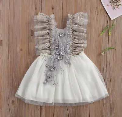 Silver Floral Pageant Dress Smash Cake Outfit Birthday Thanksgiving Fall • $24