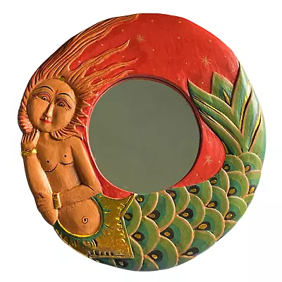 Mermaid Mirror Wall Art Hand Carved Painted Wood Bali Folk Art Balinese Red • $50.98