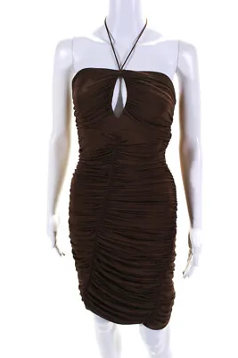 Ronny Kobo Womens Ruched Pleated Keyhole Strappy Midi Bodycon Dress Brown Size S • $42.69