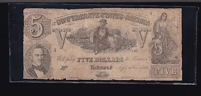 US CSA T-37 1861 $5 Confederate Currency Note VG-F (722) • $69.95