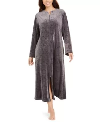 Miss Elaine Women's Brocade Micro Fleece Long Zipper Robe Pewter S & L • $44.90