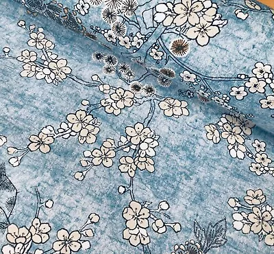 Japanese Sakura Blossom Cherry Floral Twill Curtain Fabric -140cm Wide - Blue • £1.20