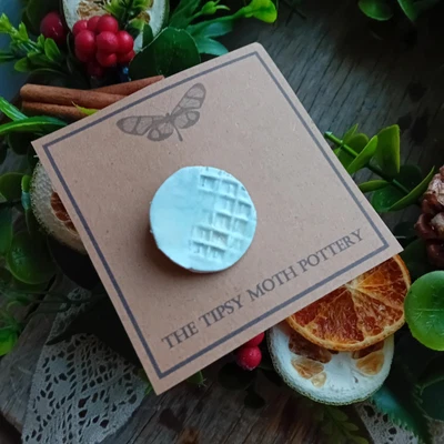 Porcelain Handmade Brooch Linoprinted Pattern Ivory Glaze  (633) Pin • £7