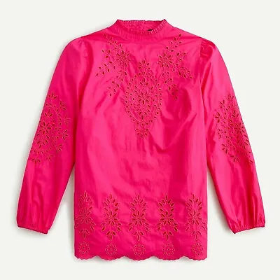 J Crew Women's Mockneck Cotton Poplin Embroidered Eyelet Top Fushsia Size M Or L • $39.99