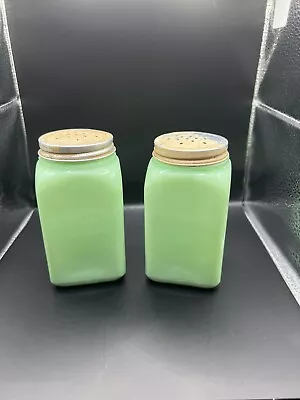 Vintage 1930’s McKEE Uranium Jadeite Glass Shakers With Original Lids • $90