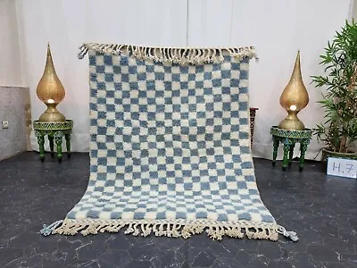 Handmade Moroccan Beni Ourain 4'1''x5'3'' Checkered Berber White Light Blue Rug  • $336