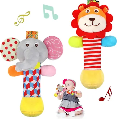 Soft Baby Rattles 2 Pack Plush Animal Rattle Toys For Babies 0-6 Months First • £10.98