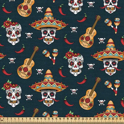 Mexican Fabric By Yard Polyester Skull Sombrero Chili • £128.99