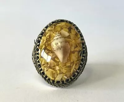 Sea Shell Yellow Men's Ring Natural Agate Antique Sterling Silver 925 Size 11 • $175