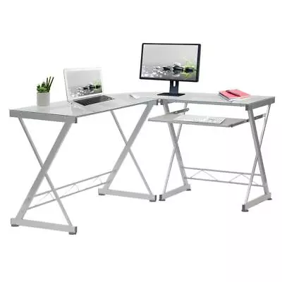 Techni Mobili L-Shaped Tempered Glass Top Computer Desk With Pull Out Keyboard • $204.99