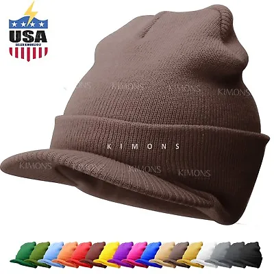 Bill Visor Cuff Beanie Knit Cap Hat Ski Thick Brim Warm Winter Unisex US MADE • $10.75