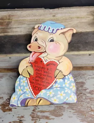 VTG JUMBO MECHANICAL PIG IN BONNET PAPER VALENTINE All Tongues Will Wag 10  LG • $15