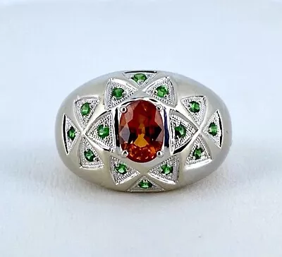 14K White Gold Mandarin Spessartite Garnet And Green Tsavorite Garnet Ring • $599