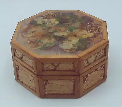 Trinket Box Octagon Shape Bamboo On Cardboard Pressed Flowers On Hinged Lid • $7.99