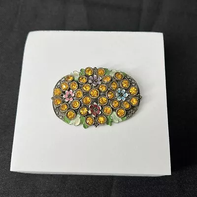 Vintage Silver Tone Amber Rhinestone Hand Painted Flower Brooch Pin • $27