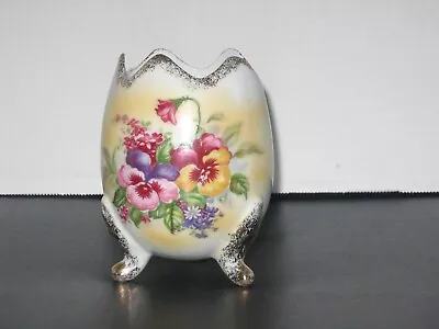 Vintage NORLEANS PORCELAIN HANDPAINTED FOOTED EGG 4.5” Tall Pansies & Gold Trim • $10