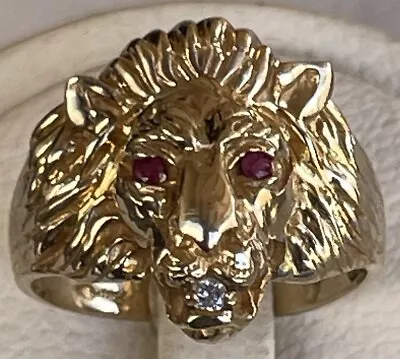 10k Yellow Gold Vintage Lion Ring With Ruby Eyes And Diamond In Mouth Size 10 • $395