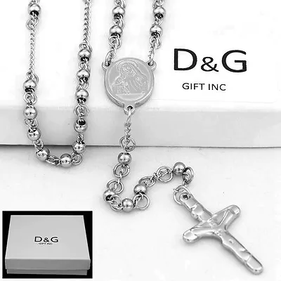 DG Men's 24  Stainless-Steel Beaded Rosary VIRGIN MARY+ JESUS CROSS Necklace*BOX • $15.99