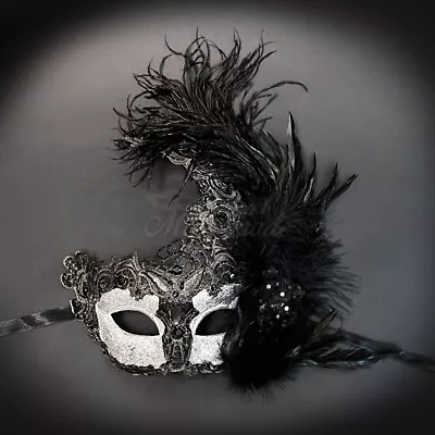 Womens Brocade Lace Ostrich Feather Venetian Masquerade Mask [Black/Silver] • $13.95