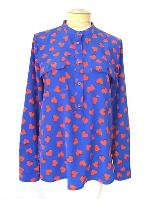 Gap Cerulean Blue Red Hearts Silky Button Neck Tunic Top Mao Collar Pockets S • $14