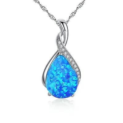 Simulated Blue Fire Opal Sterling Silver Pendant Necklace Gift For Women Mom • $57