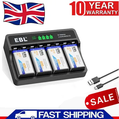 EBL Rechargeable 9V Battery+Charger For 9 Volt Lithium / Ni-MH / Ni-CD Batteries • £35.99